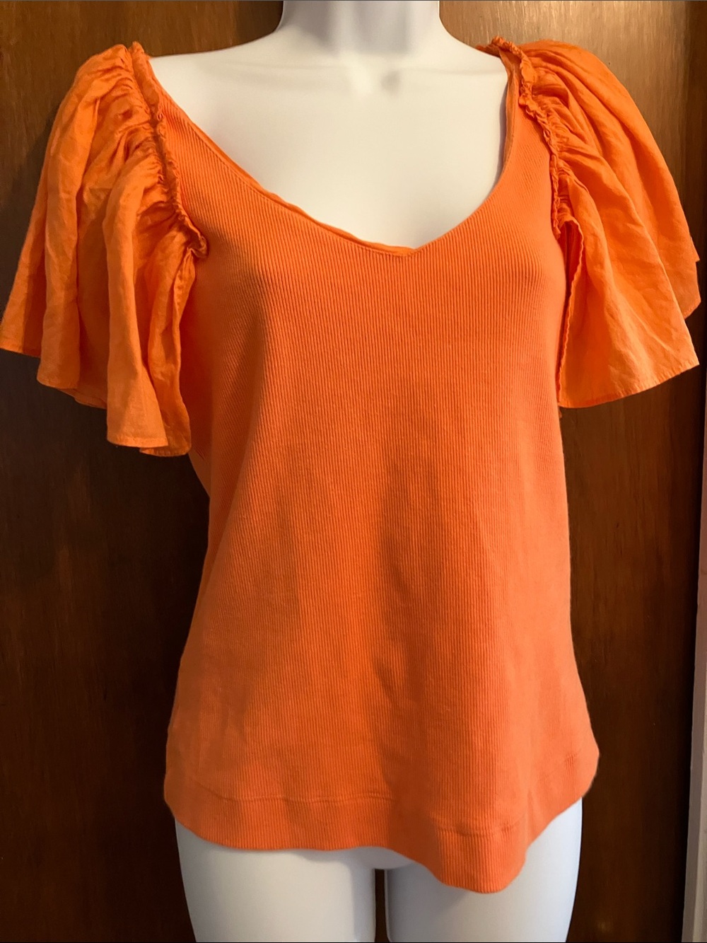 Anthropologie Bright Orange V-Neck Flutter Sleeve Top